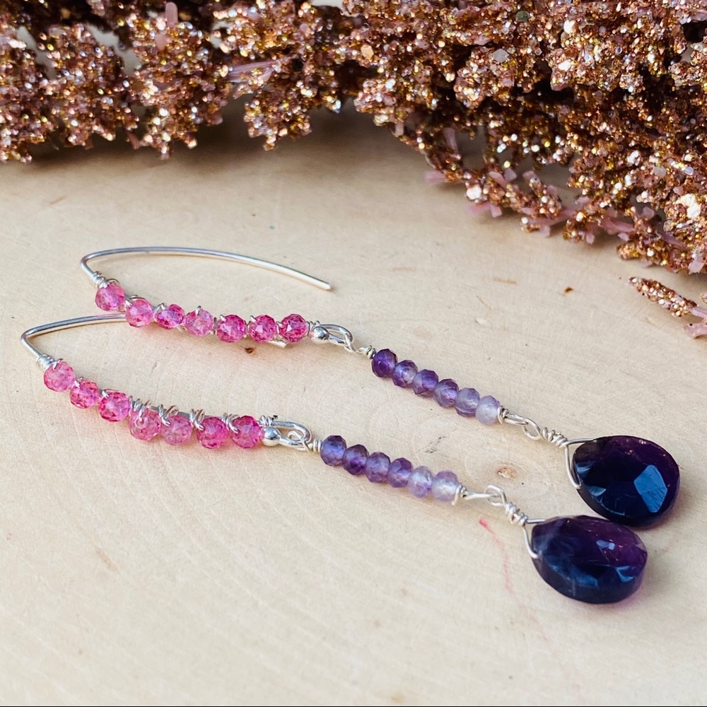 Genuine Sapphire & amethyst gemstone Earrings - Picture 2 of 5